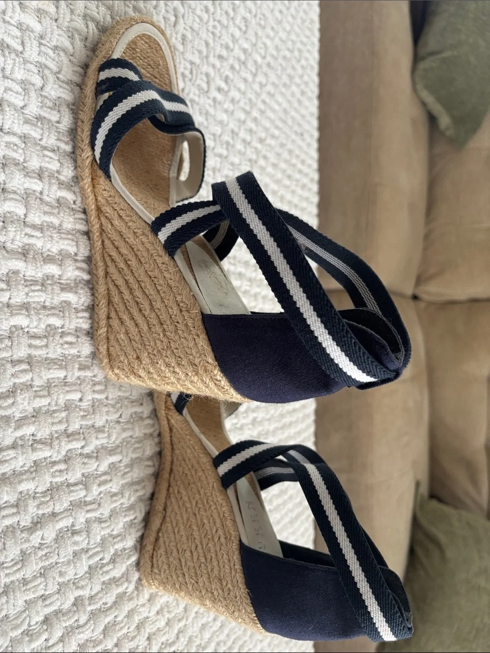 Polo by Ralph Lauren Navy & White Striped Wrap Espadrille Wedges